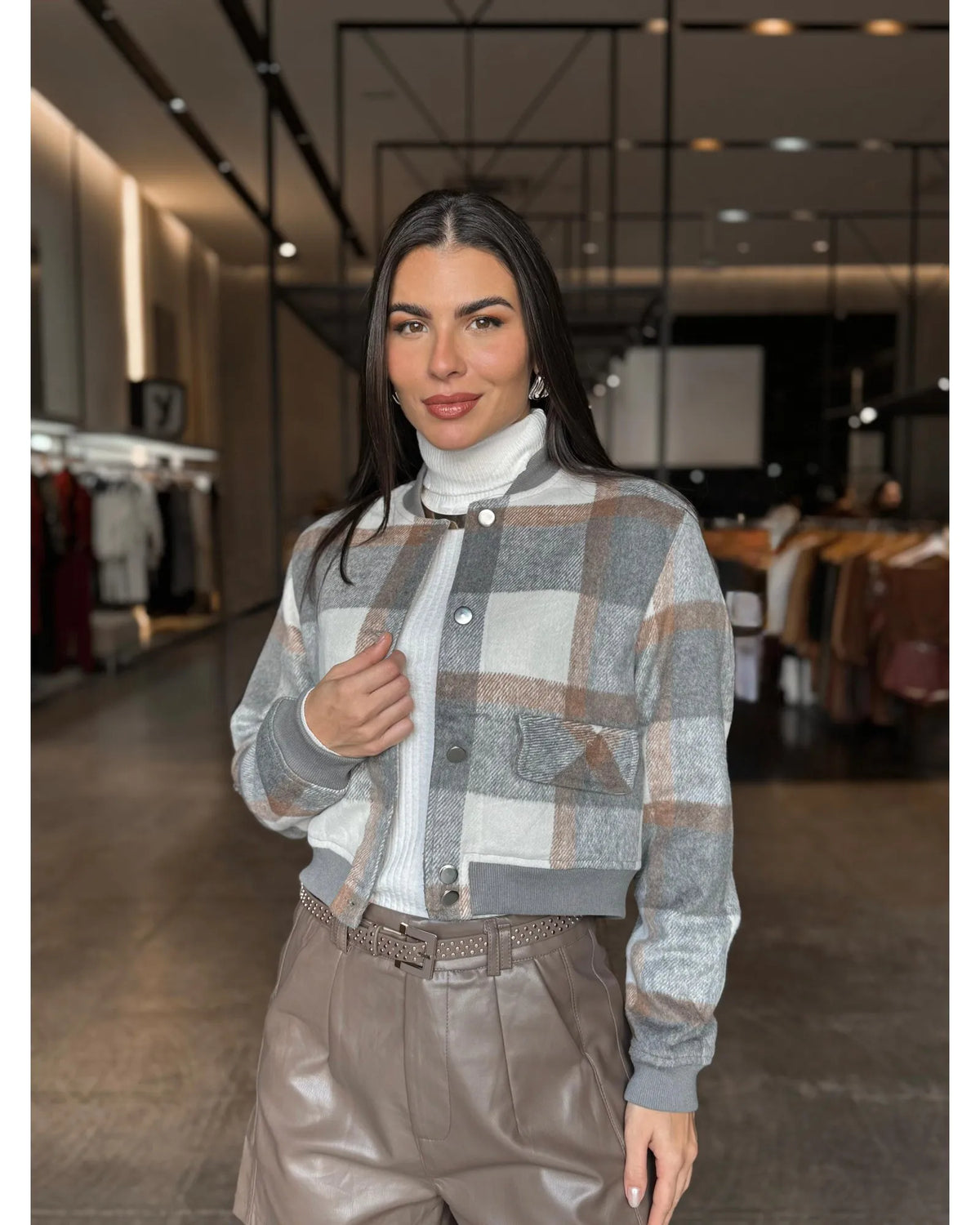 Jaqueta Bomber xadrez Flanelada Cinza