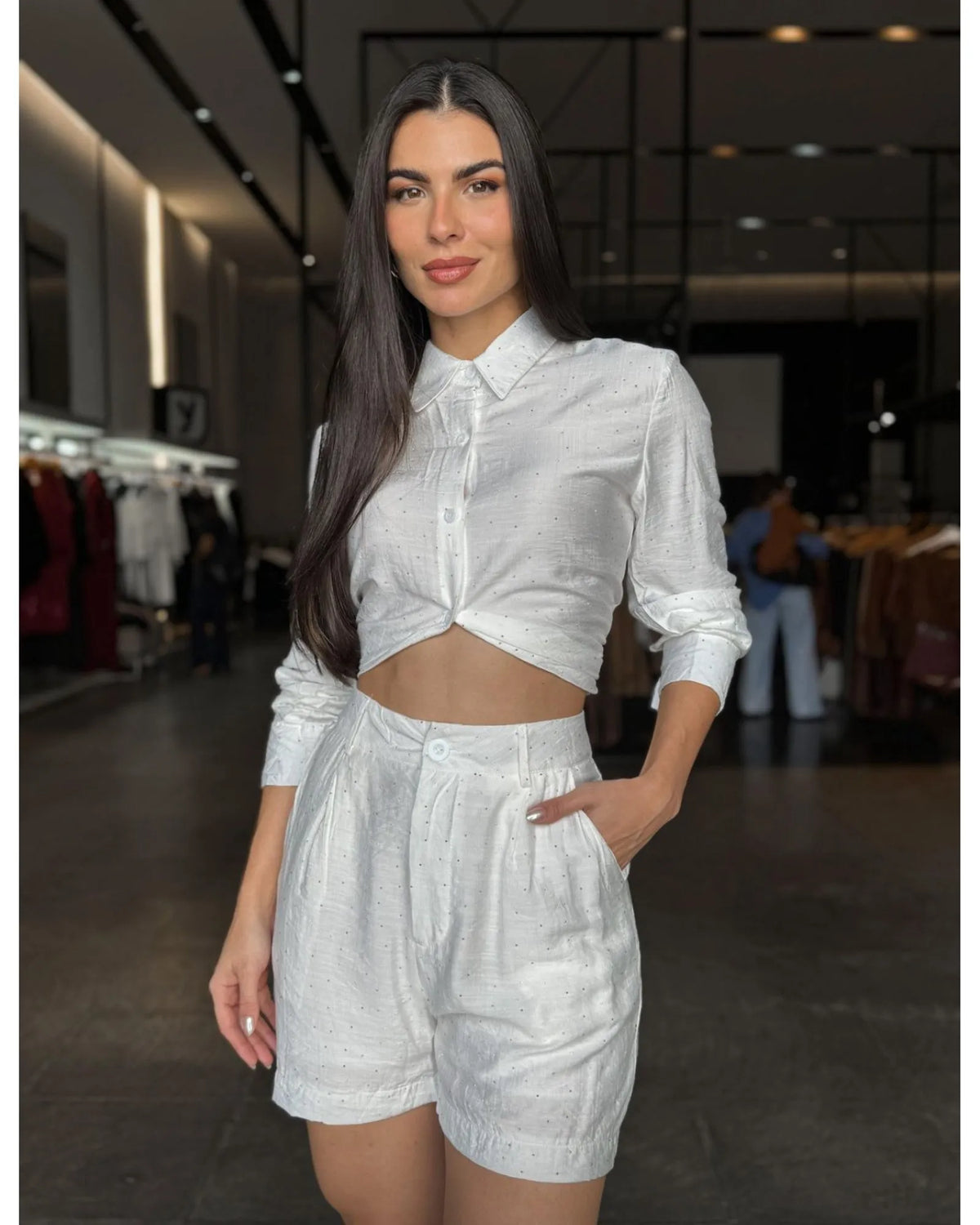 Conjunto Social Camisa E Short Brilho Branco